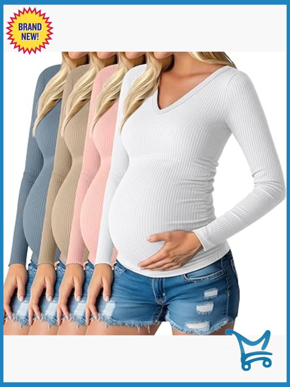 4 Pack Maternity Shirts Long Sleeve V Neck Ribbed Slim Fit Tops Cotton